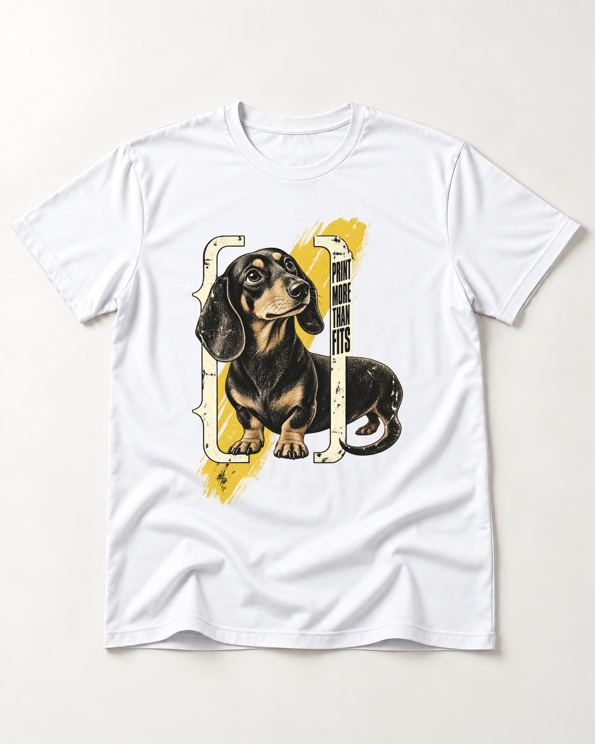 Dachshund More Than Fits T-Shirt in White, flat lay product photo