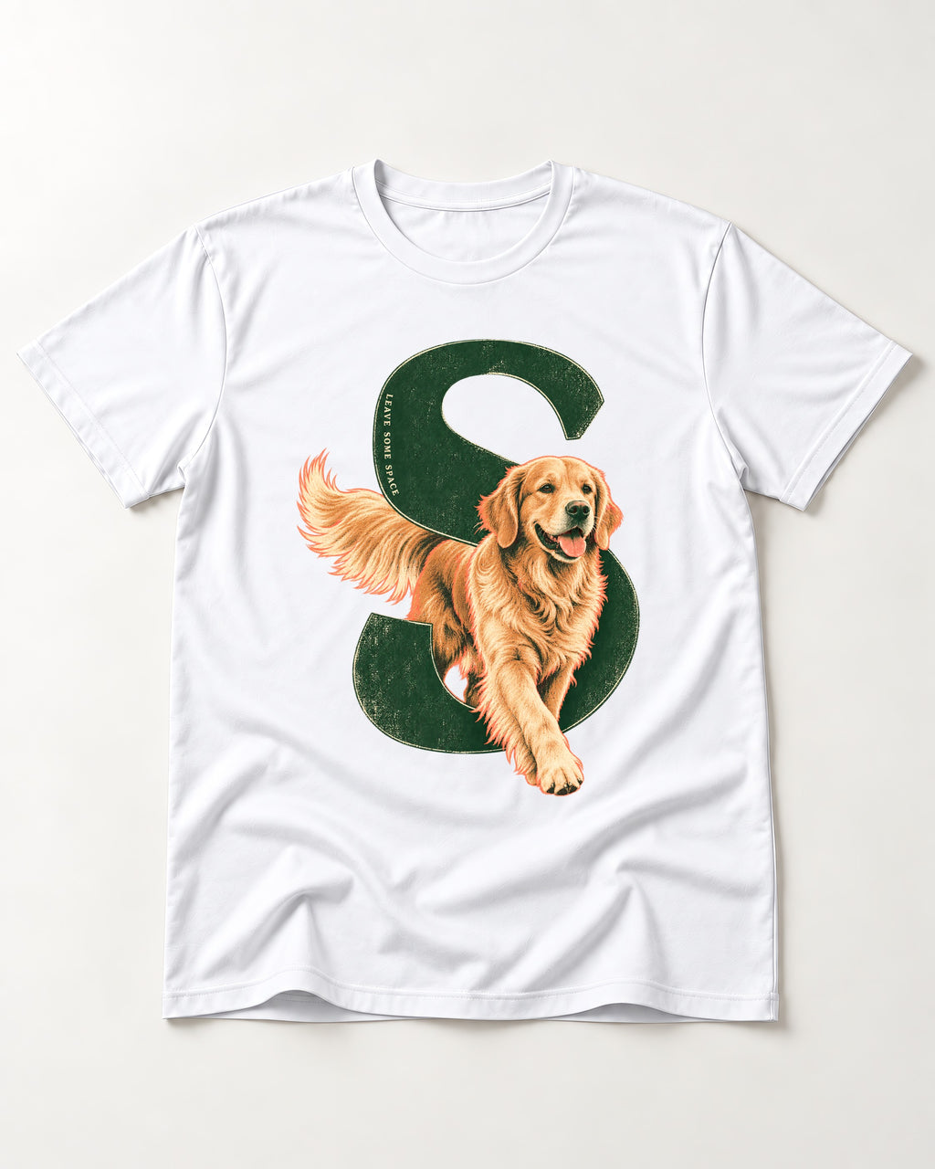 Golden Retriever Leave Some Space Monogram Graphic T-Shirt in White, flat lay product photo
