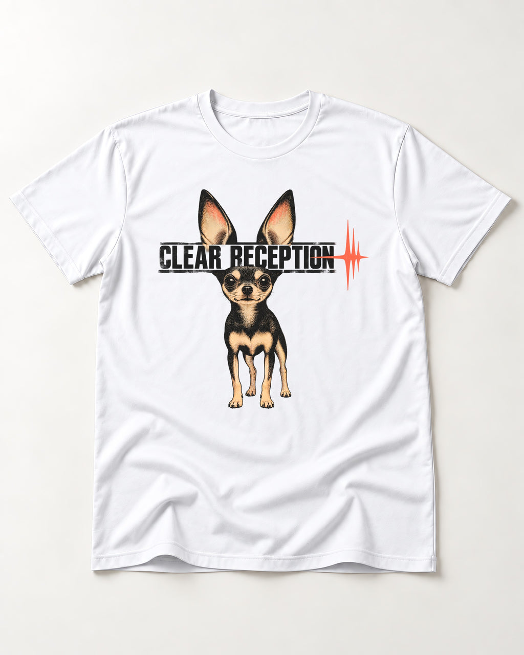Chihuahua Clear Reception T-Shirt in White, flat lay product photo