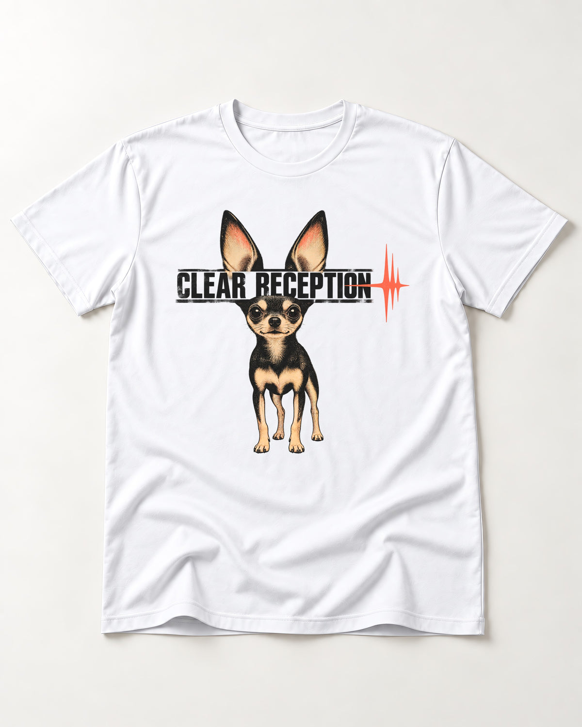 Chihuahua Clear Reception T-Shirt in White, flat lay product photo