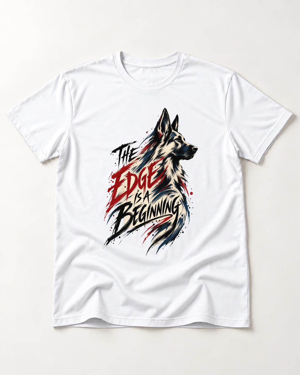 Edge Is a Beginning German Shepherd Dog T-Shirt in White, flat lay product photo