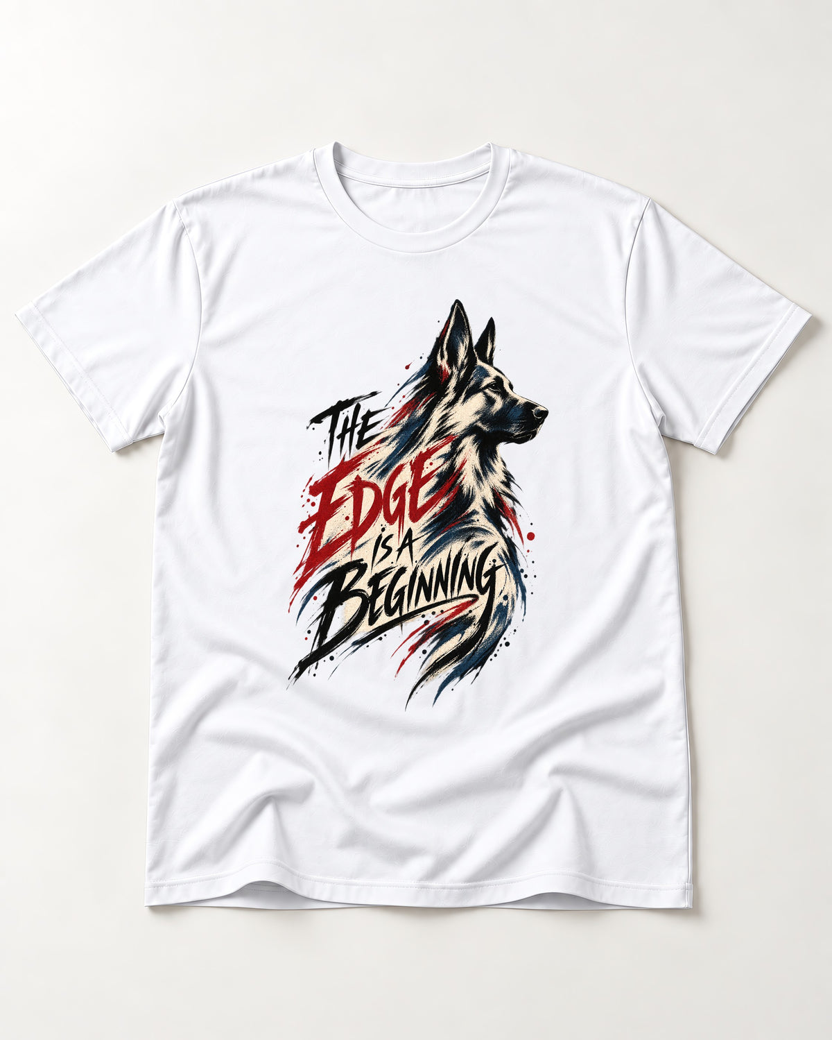 Edge Is a Beginning German Shepherd Dog T-Shirt in White, flat lay product photo