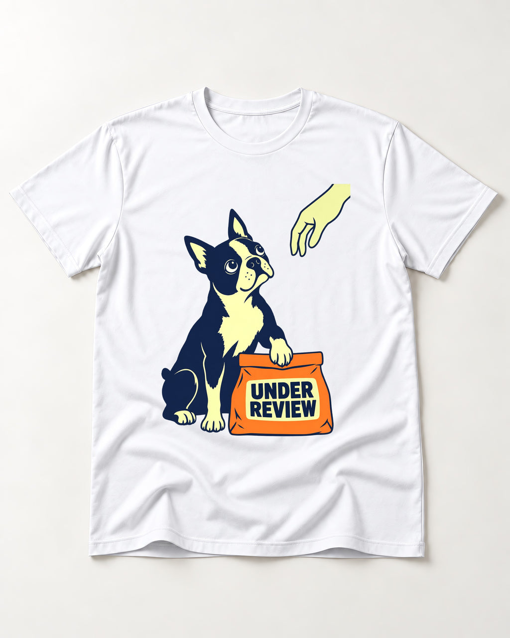 Boston Terrier Under Review T-Shirt in White, flat lay product photo