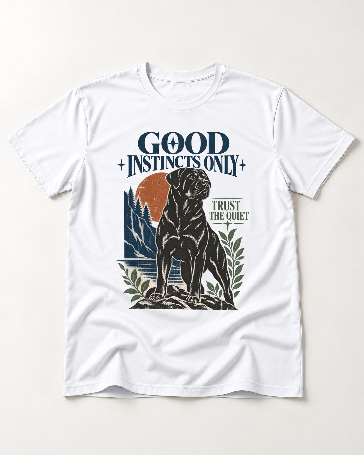 Good Instincts Only Rottweiler T-Shirt in White, flat lay product photo