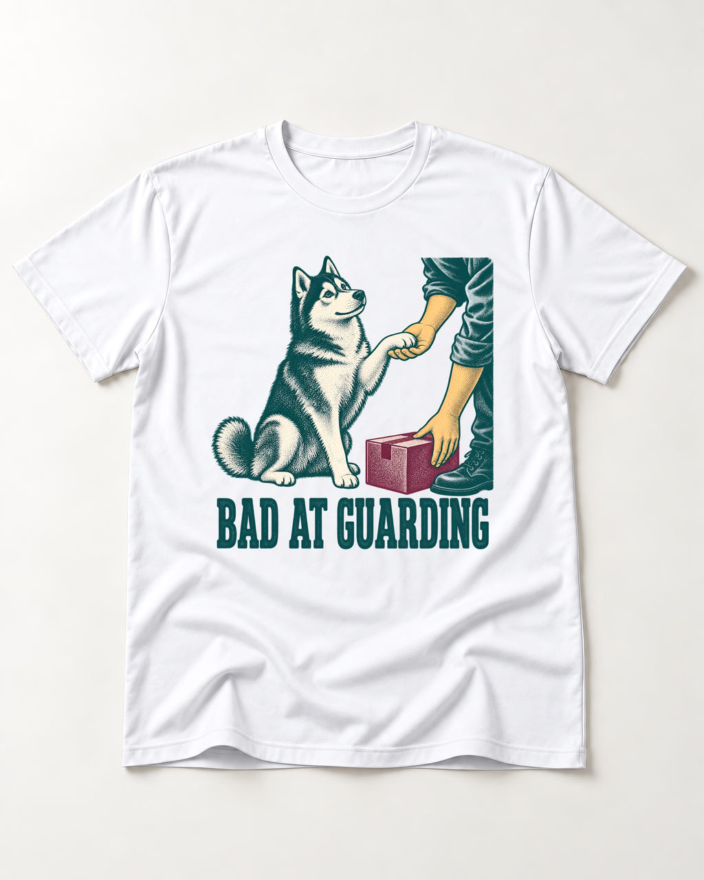 Husky's Bad at Guarding T-Shirt in White, flat lay product photo