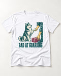 Husky's Bad at Guarding T-Shirt in White, flat lay product photo