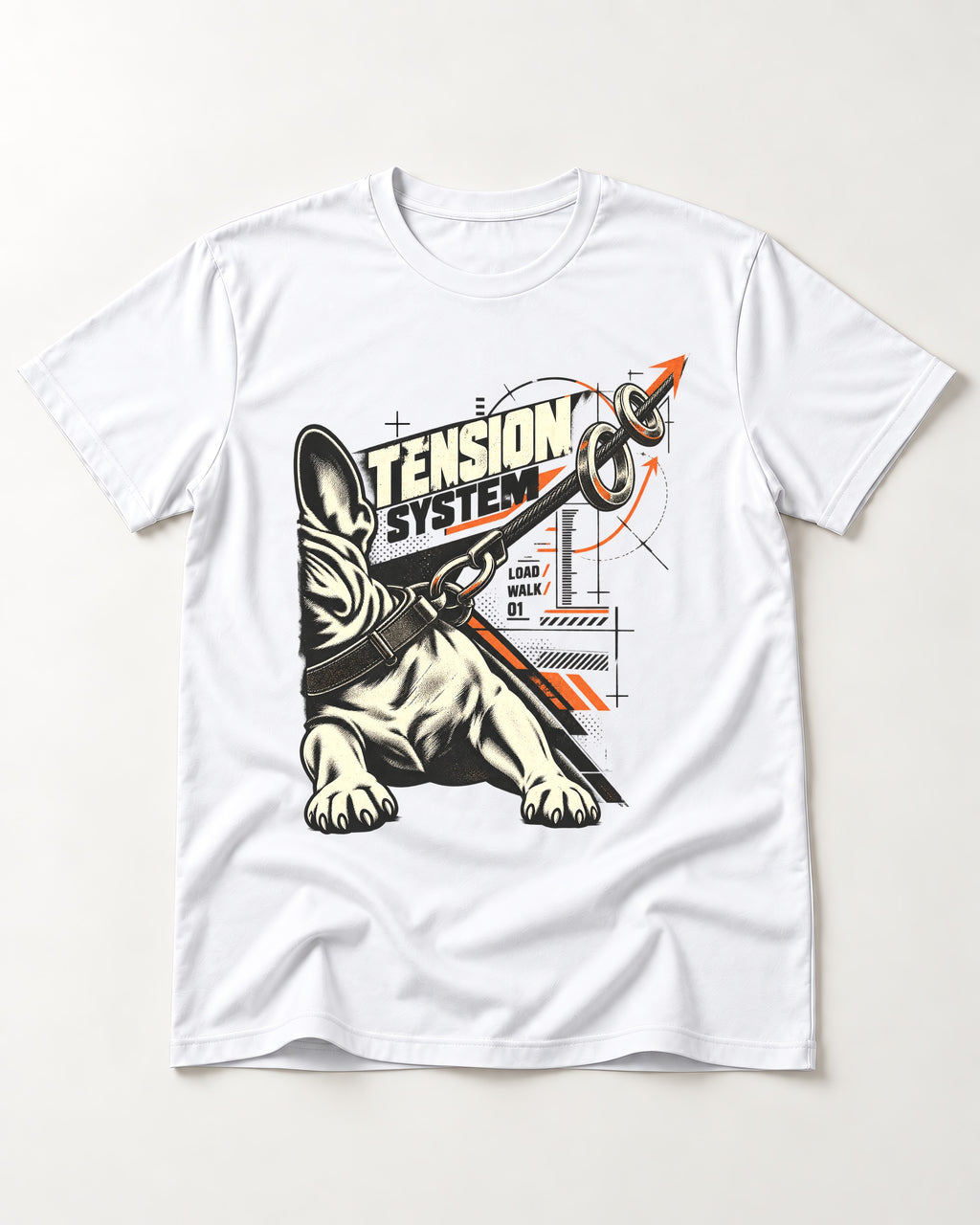 Frenchie Tension System T-Shirt in White, flat lay product photo