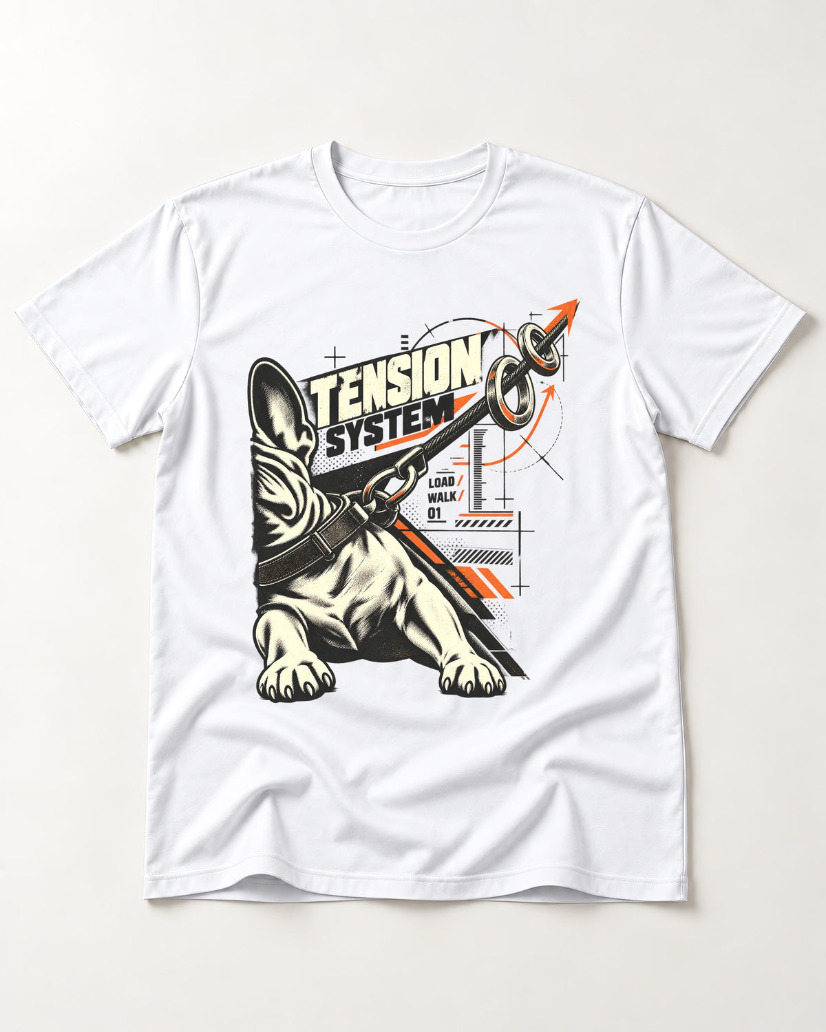 Frenchie Tension System T-Shirt in White, flat lay product photo