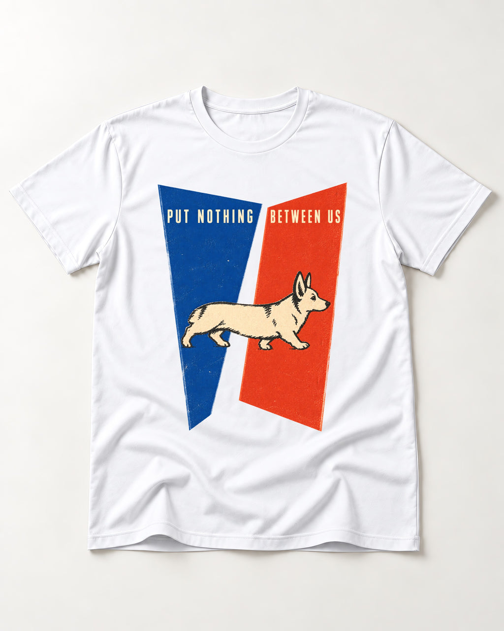 Corgi Put Nothing Between Us Split Panels T-Shirt in White, flat lay product photo