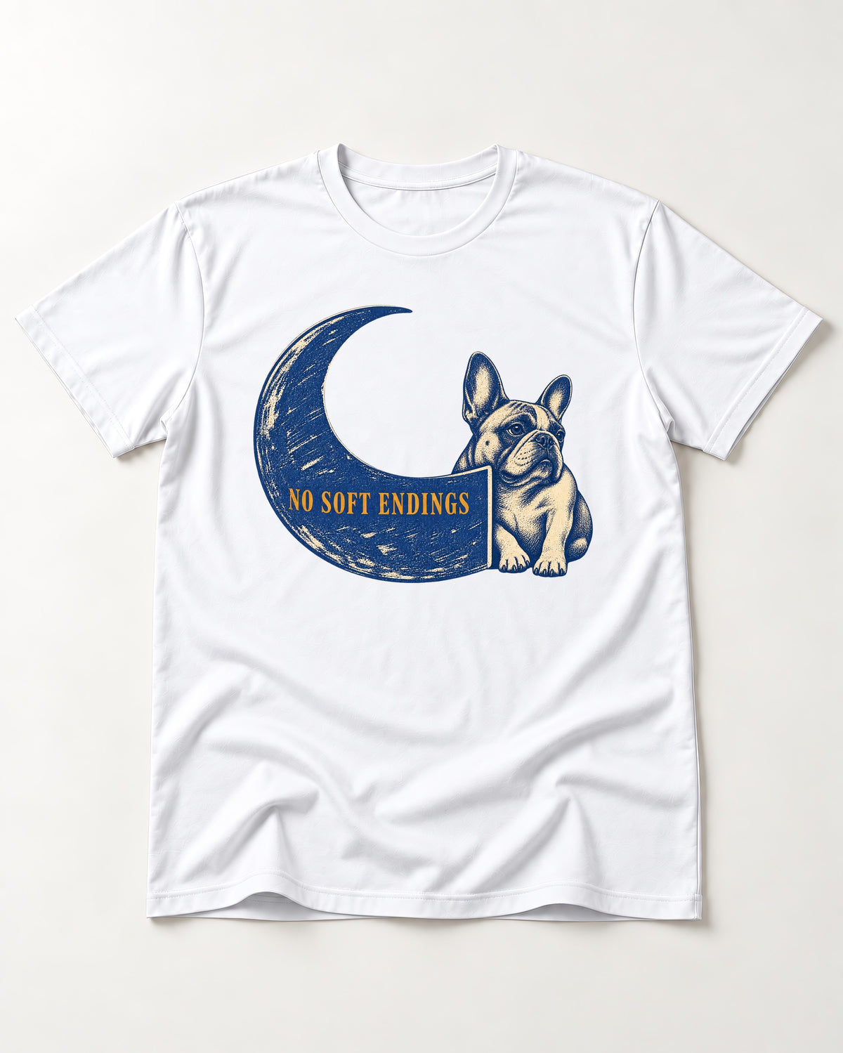 Frenchie No Soft Endings Crescent Graphic T-Shirt in White, flat lay product photo