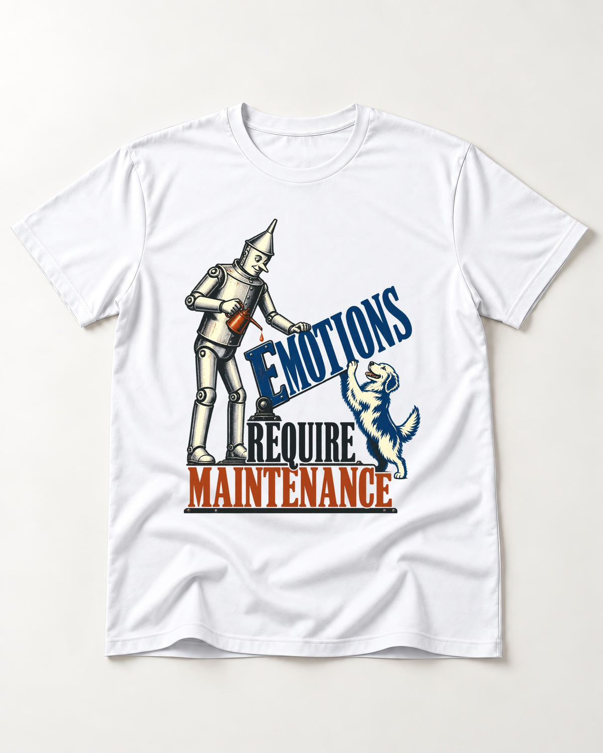 Golden Retriever Emotions Require Maintenance T-Shirt in White, flat lay product photo