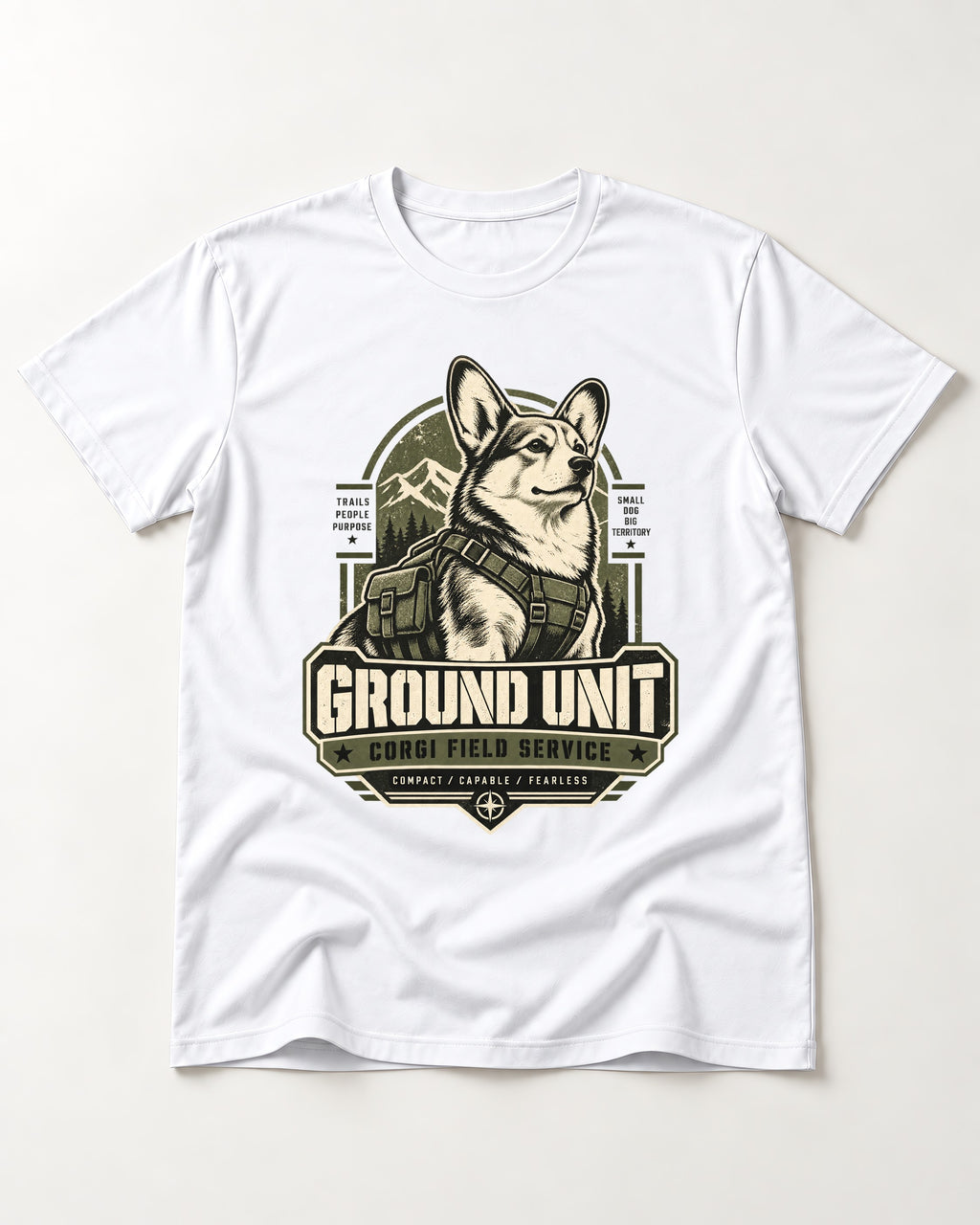 Corgi Ground Unit Field Service Badge T-Shirt in White, flat lay product photo