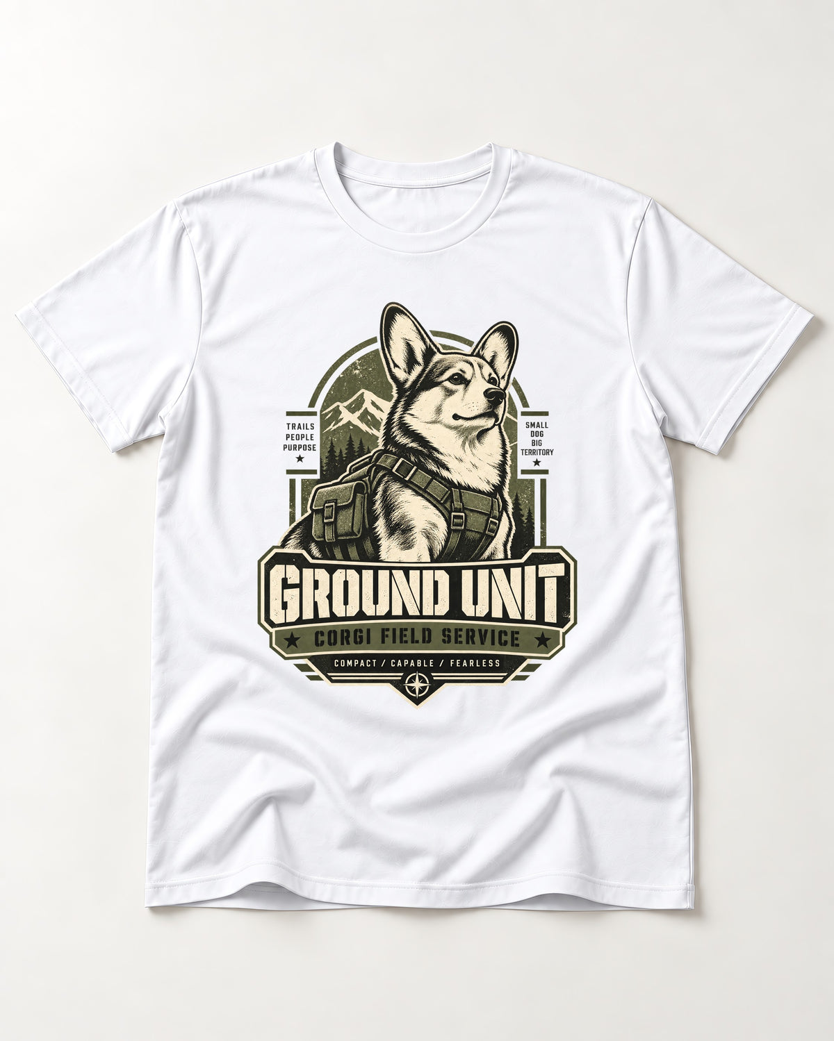 Corgi Ground Unit Field Service Badge T-Shirt in White, flat lay product photo