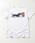 Dachshund Lengthens Life T-Shirt in White, flat lay product photo