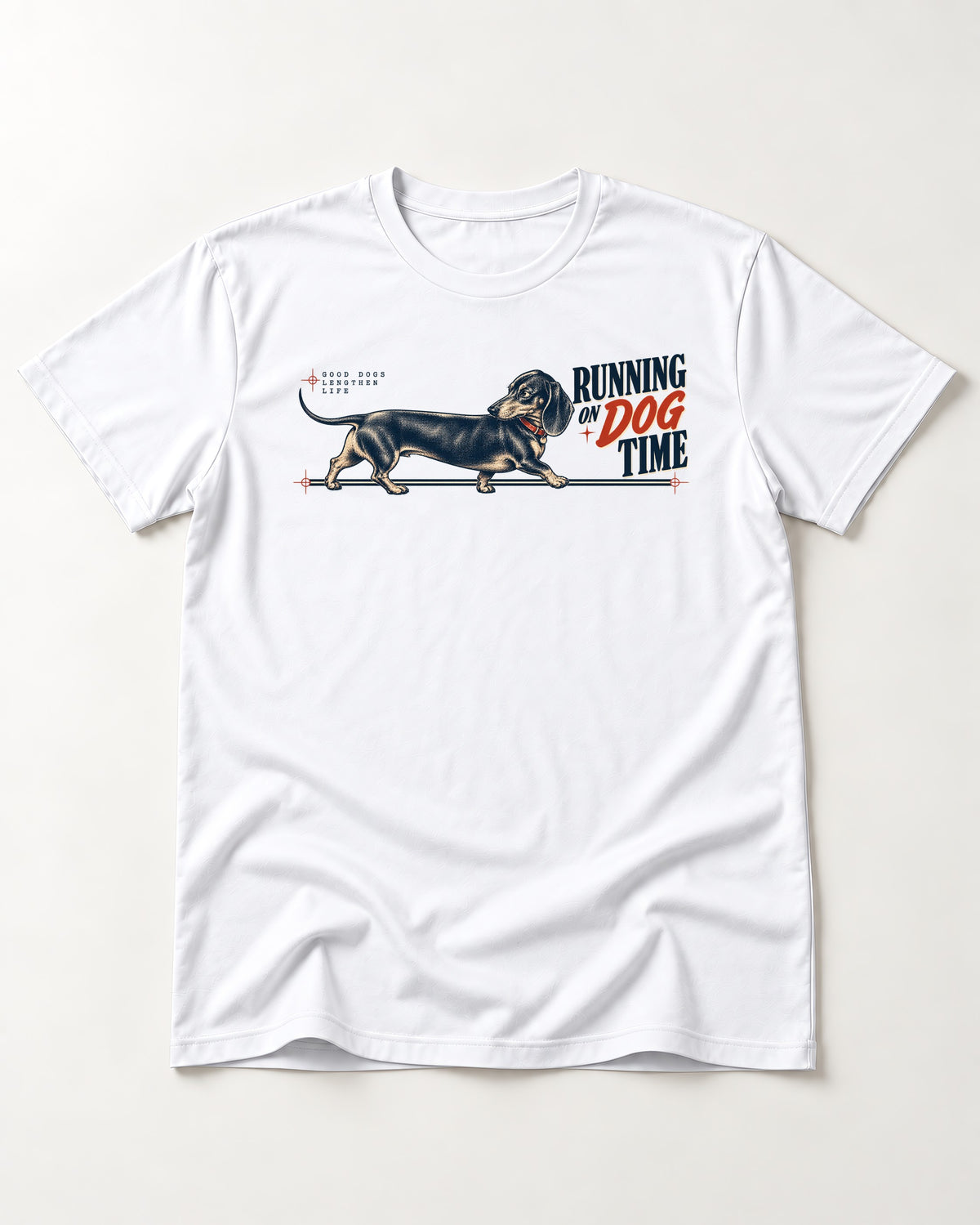 Dachshund Lengthens Life T-Shirt in White, flat lay product photo