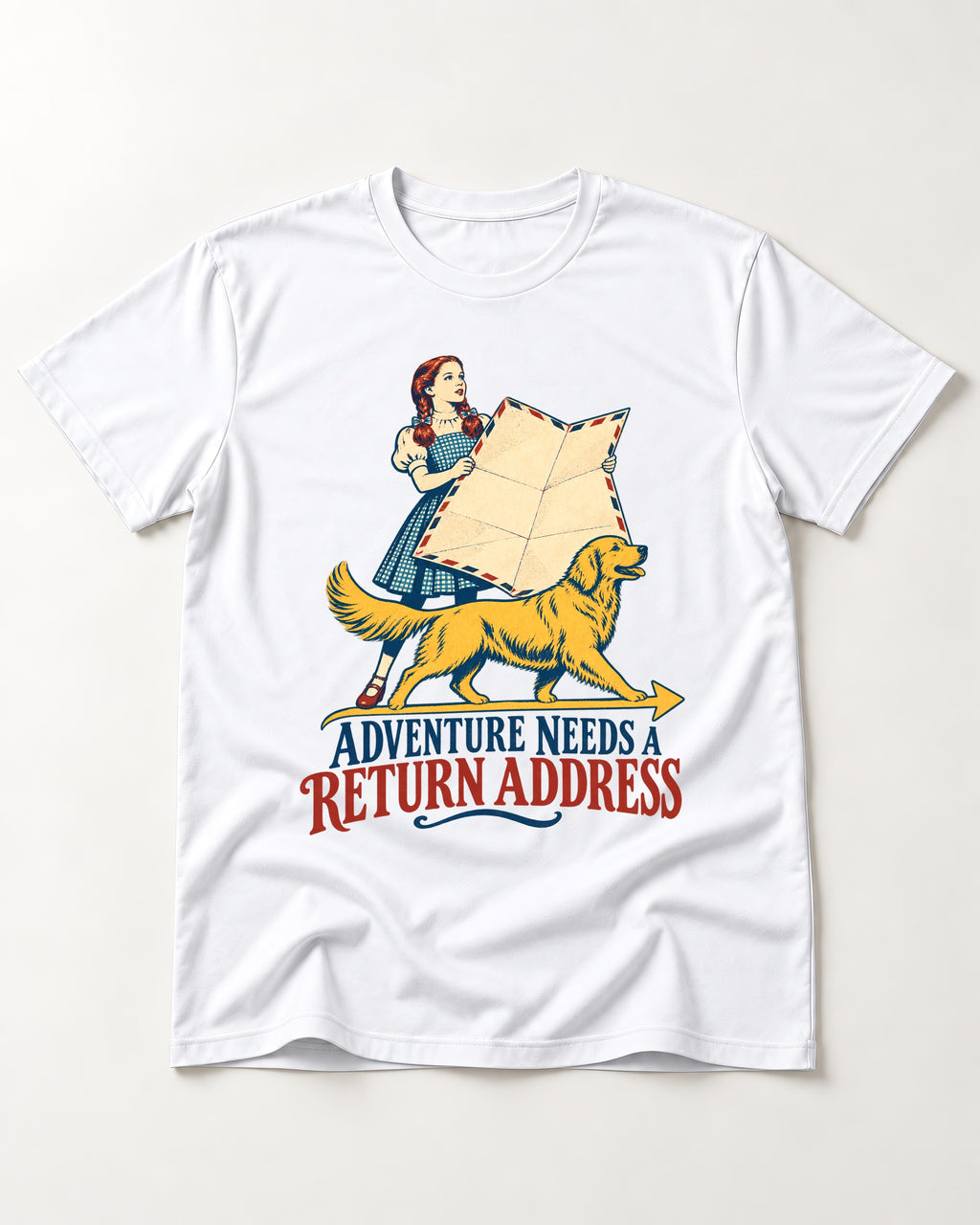 Golden Retriever Return Address T-Shirt in White, flat lay product photo