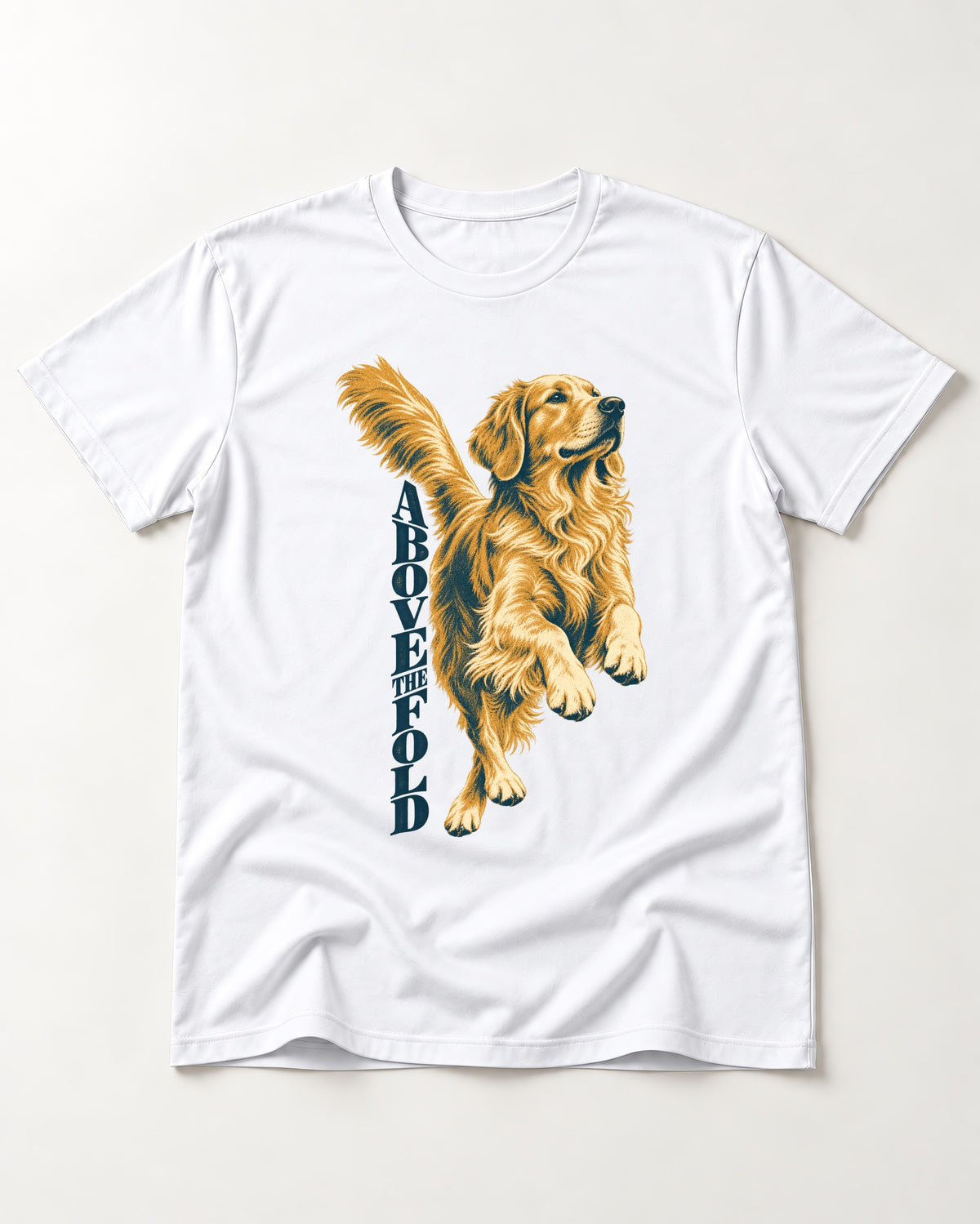 Golden Retriever Above the Fold T-Shirt in White, flat lay product photo