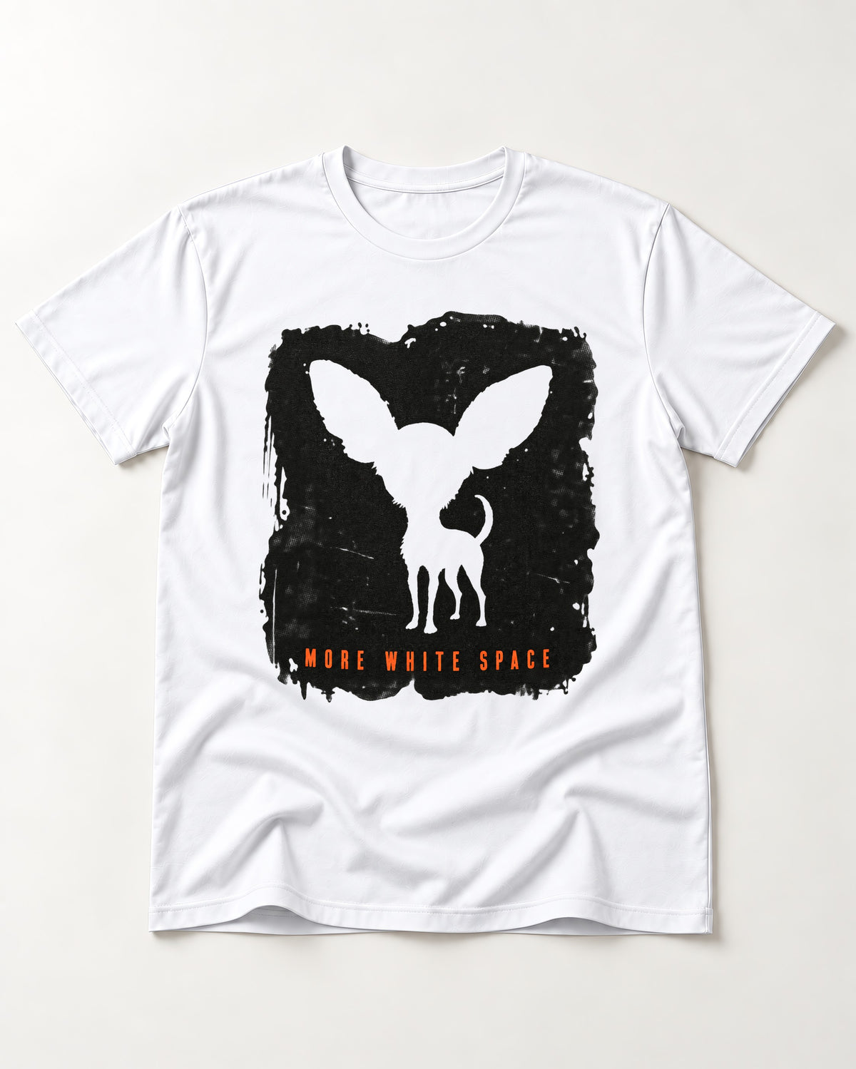 More White Space Chihuahua T-Shirt in White, flat lay product photo