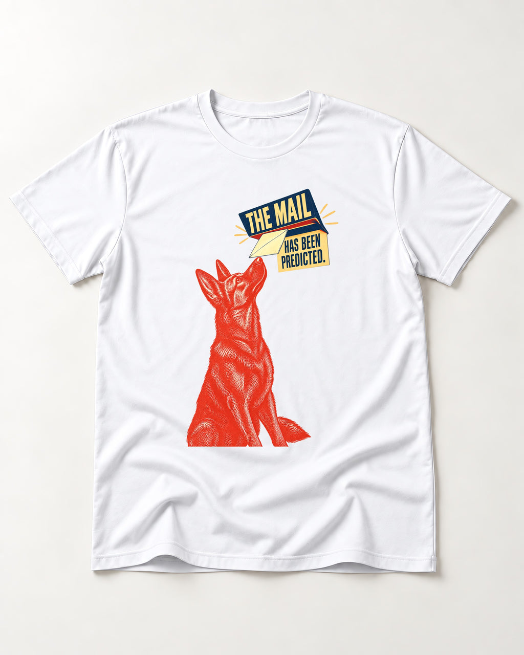 German Shepherd Dog Mail Predicted Graphic T-Shirt in White, flat lay product photo