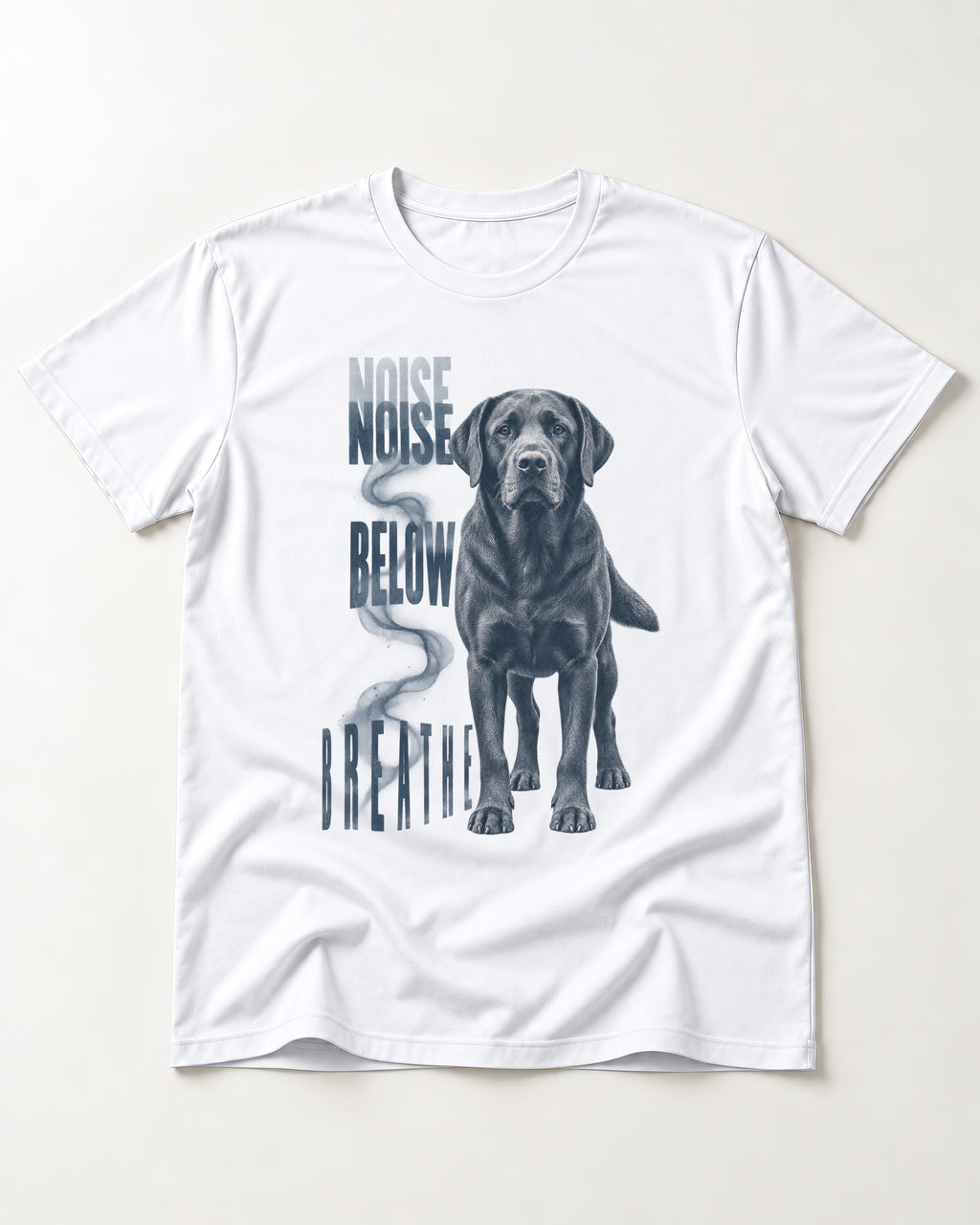 Labrador Retriever Breathe Below the Noise T-Shirt in White, flat lay product photo