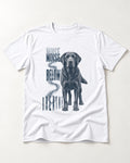 Labrador Retriever Breathe Below the Noise T-Shirt in White, flat lay product photo