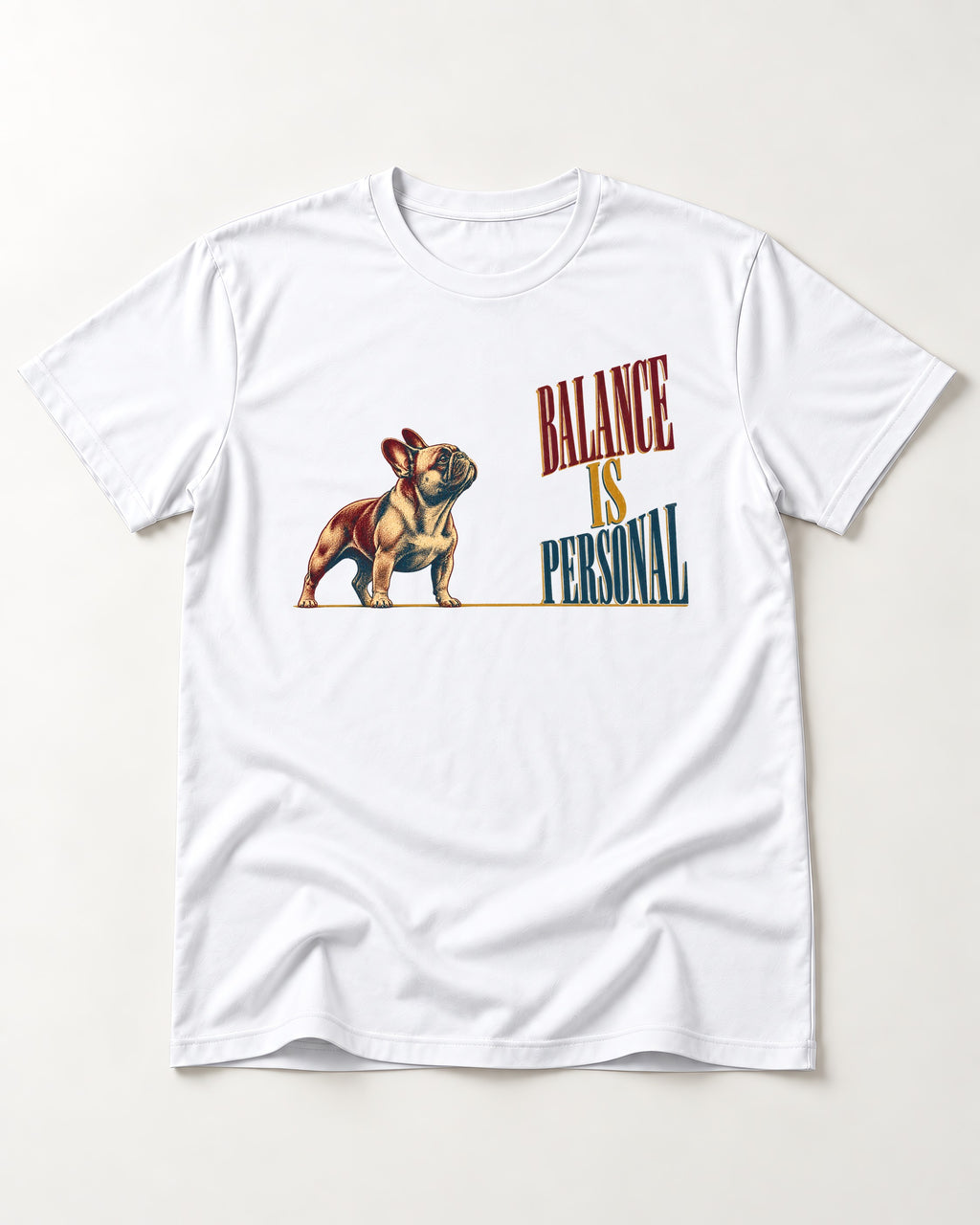 Frenchie Balance Is Personal T-Shirt in White, flat lay product photo
