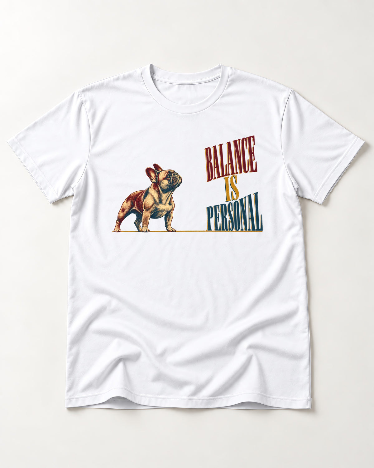 Frenchie Balance Is Personal T-Shirt in White, flat lay product photo