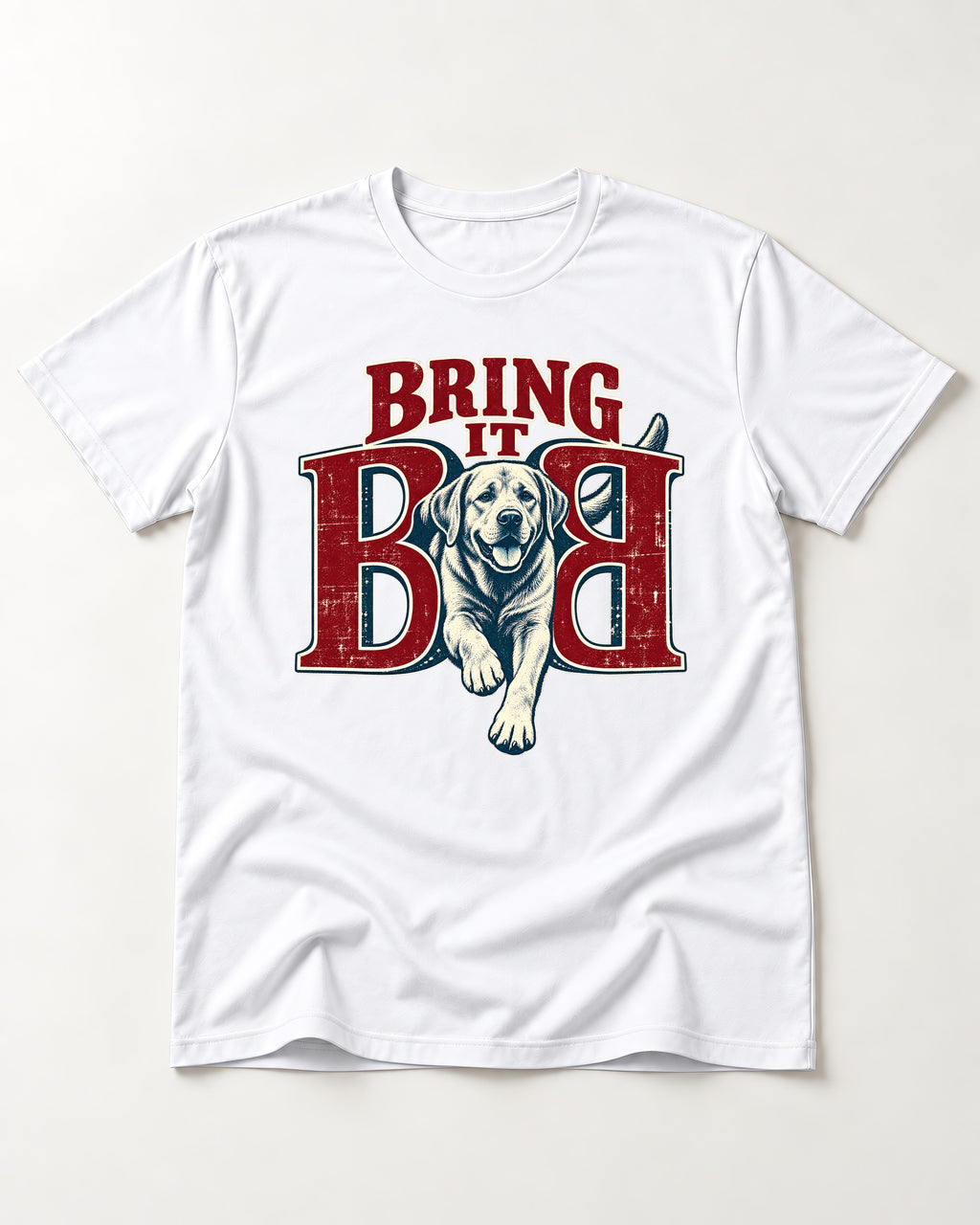Labrador Retriever Bring It Opposing B Portrait Graphic T-Shirt in White, flat lay product photo