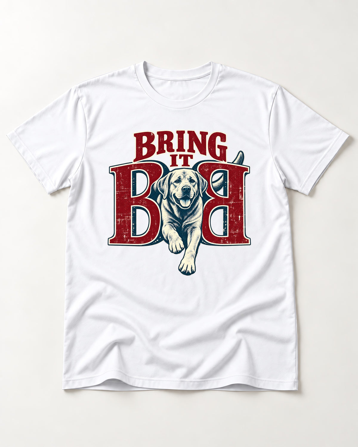 Labrador Retriever Bring It Opposing B Portrait Graphic T-Shirt in White, flat lay product photo