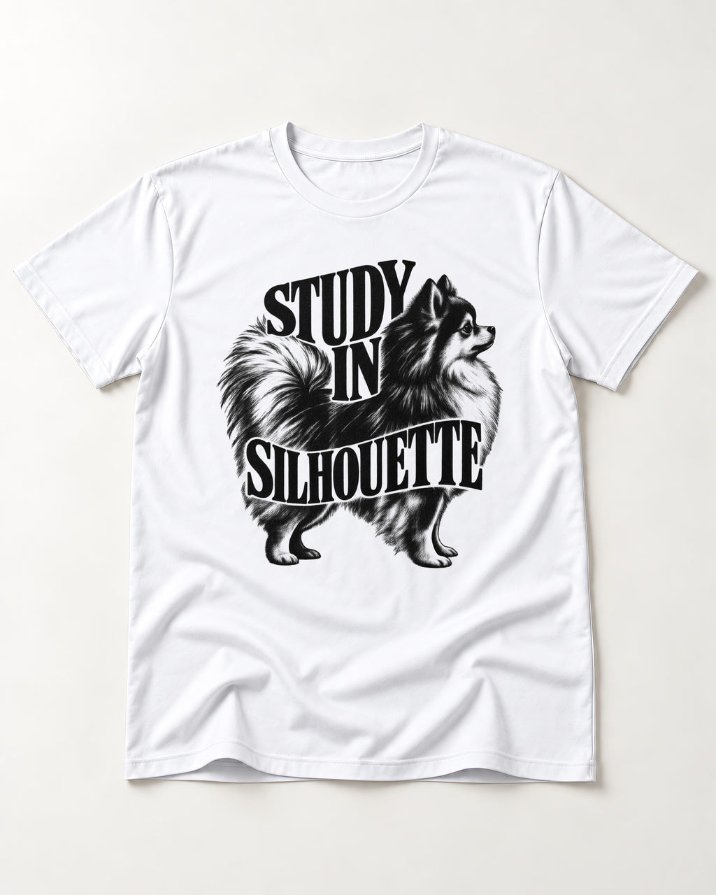 Pomeranian Study in Silhouette T-Shirt in White, flat lay product photo