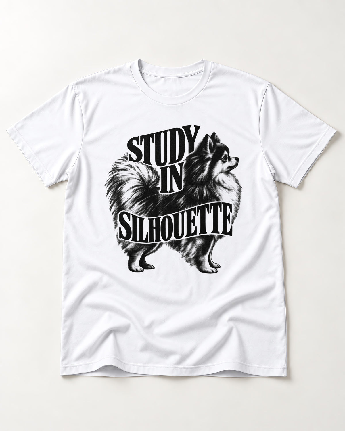 Pomeranian Study in Silhouette T-Shirt in White, flat lay product photo