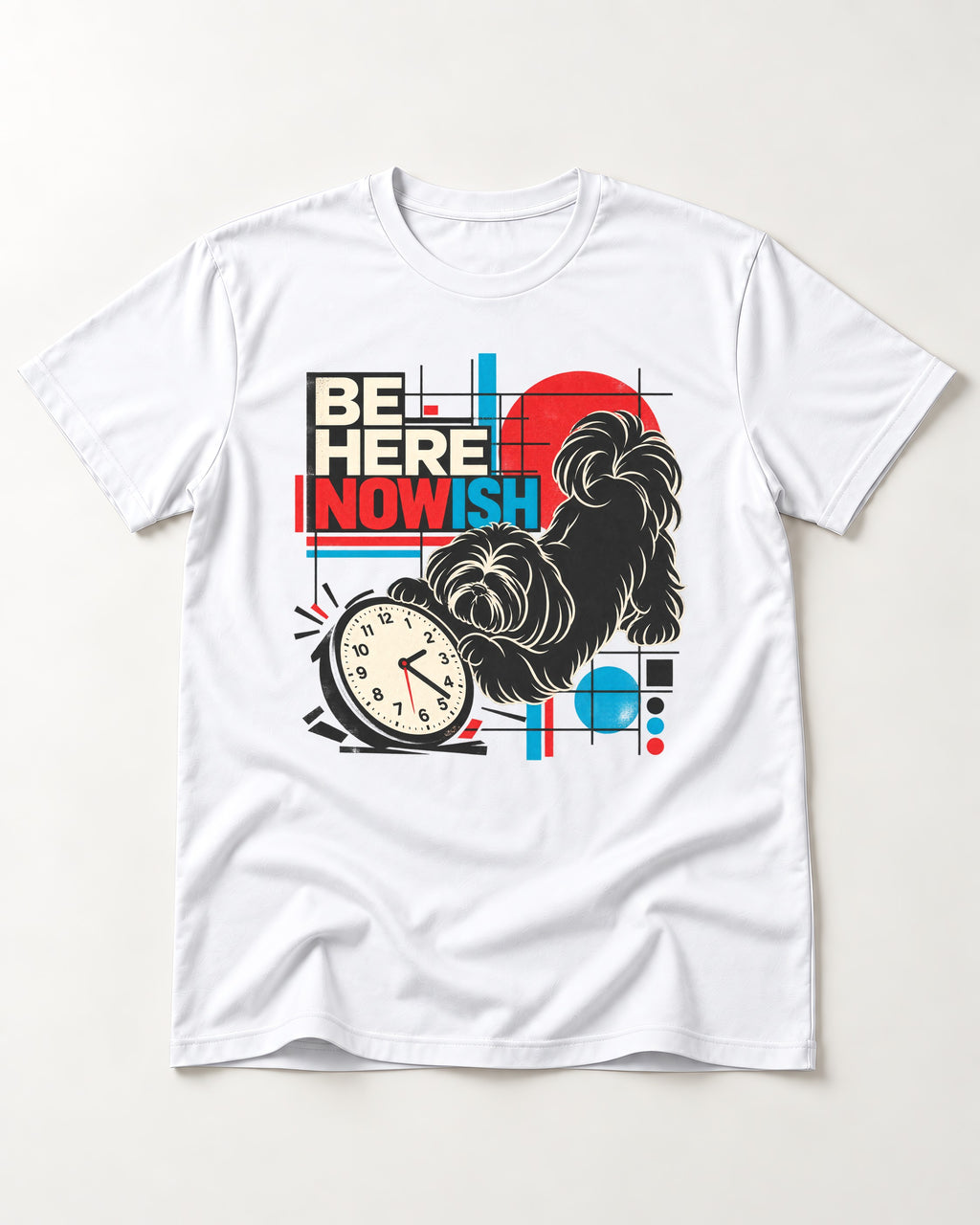 Be Here Nowish Shih Tzu T-Shirt in White, flat lay product photo
