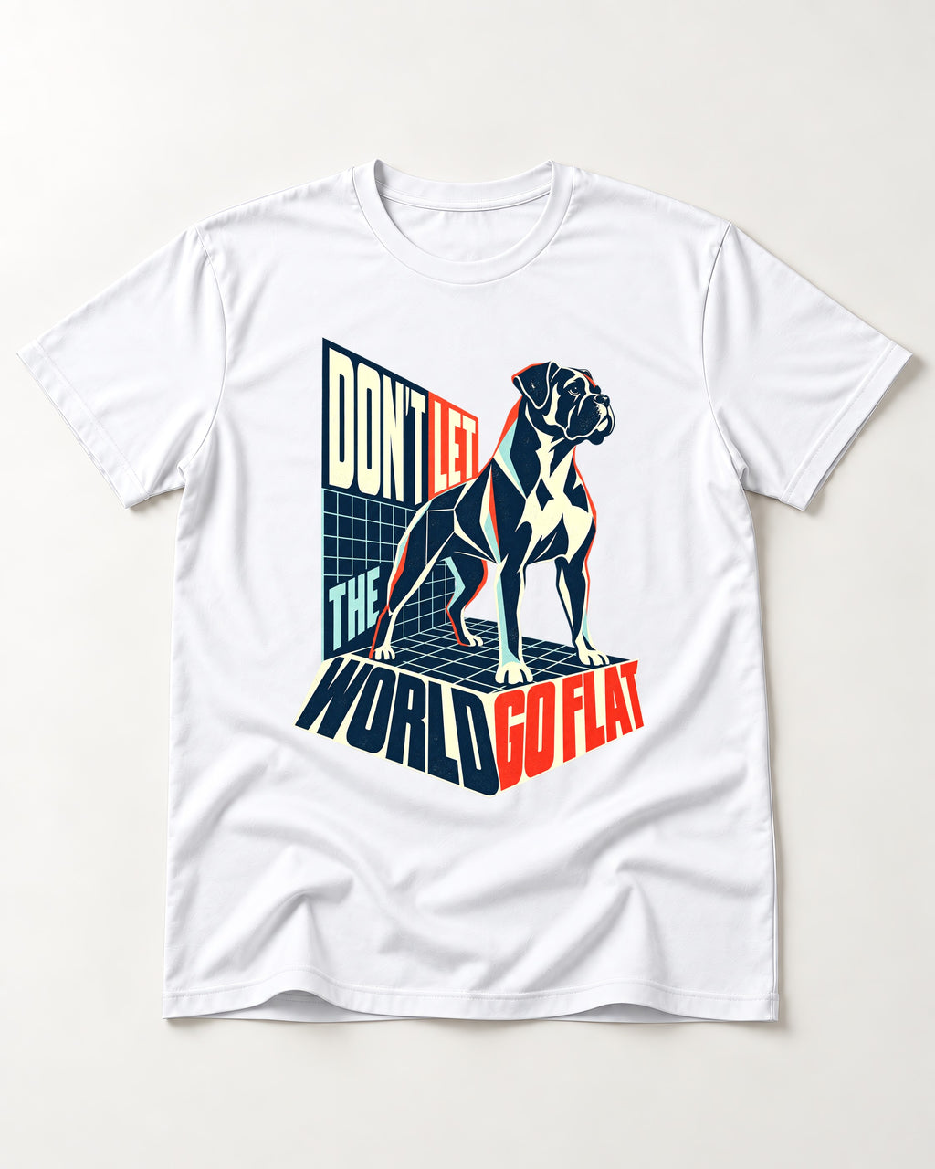 Don't Let the World Go Flat Boxer Perspective Grid Graphic T-Shirt in White, flat lay product photo