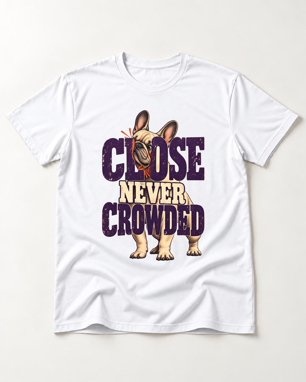 Frenchie Close Never Crowded Peekaboo Type Graphic T-Shirt in White, flat lay product photo