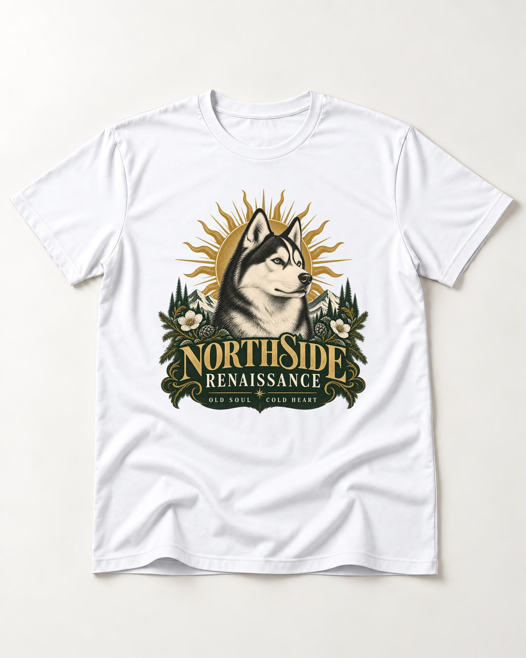 Northside Renaissance Husky T-Shirt in White, flat lay product photo