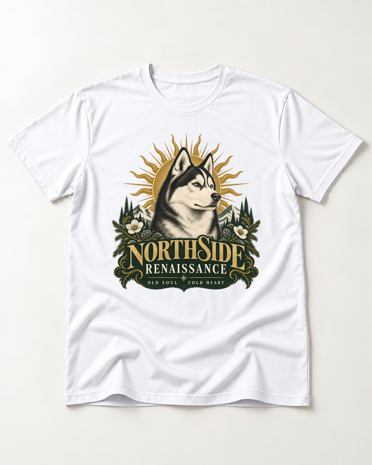Northside Renaissance Husky T-Shirt in White, flat lay product photo
