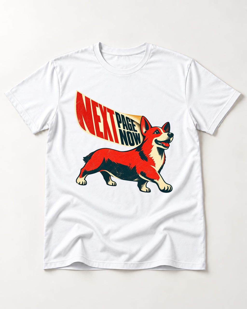 Corgi Next Page Now Pennant Graphic T-Shirt in White, flat lay product photo