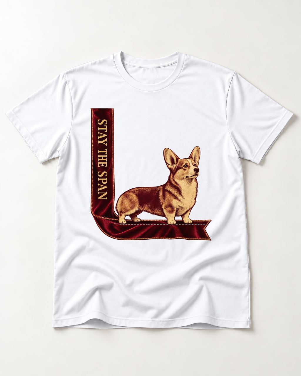 Corgi Stay the Span Ribbon T-Shirt in White, flat lay product photo