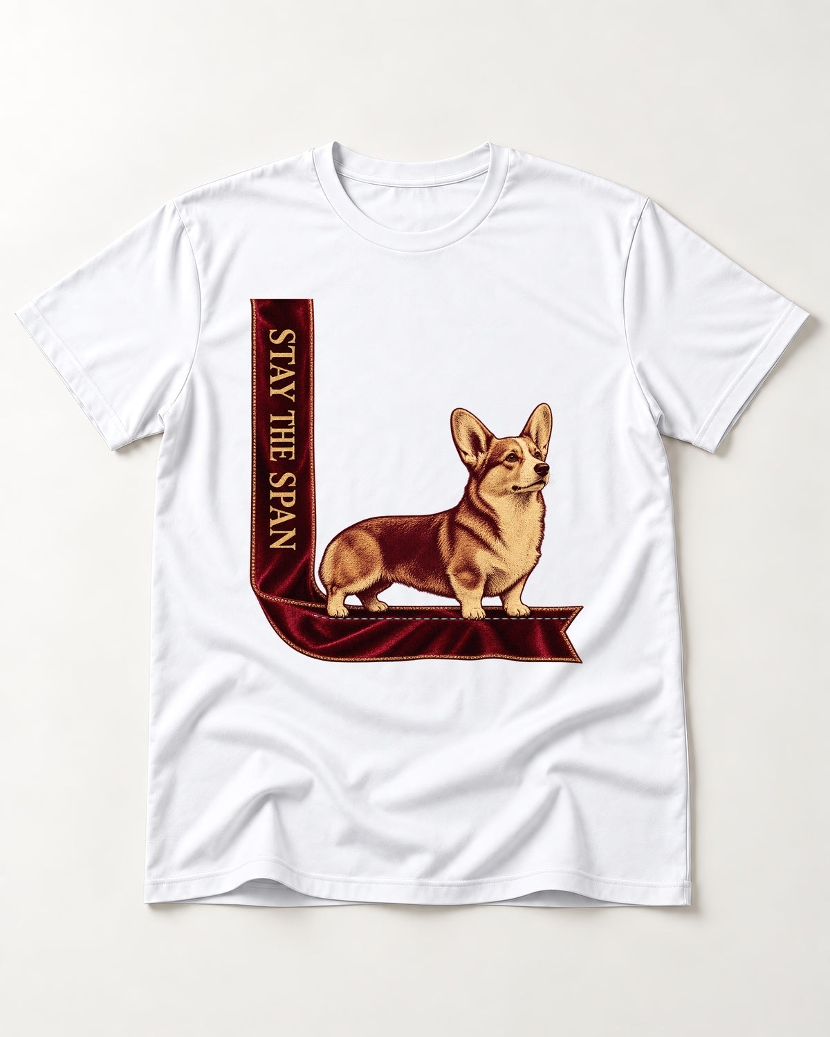 Corgi Stay the Span Ribbon T-Shirt in White, flat lay product photo