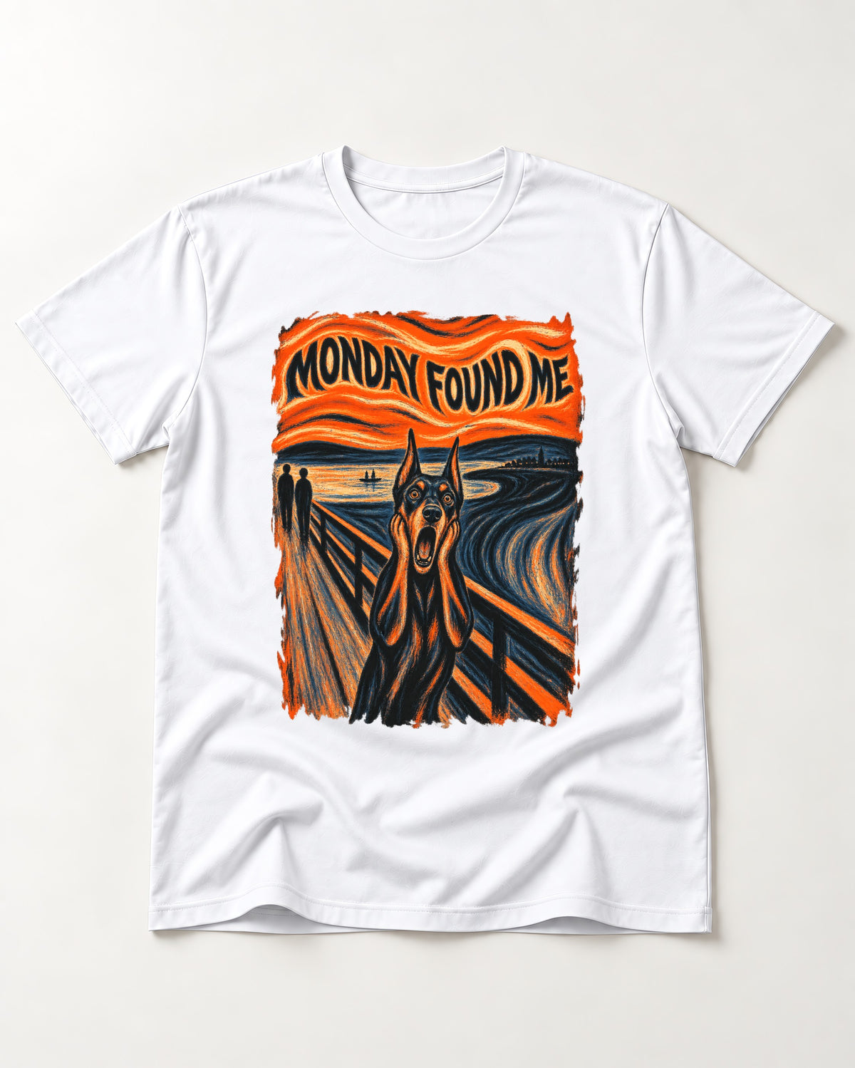 Doberman Monday Found Me Scream Graphic T-Shirt in White, flat lay product photo
