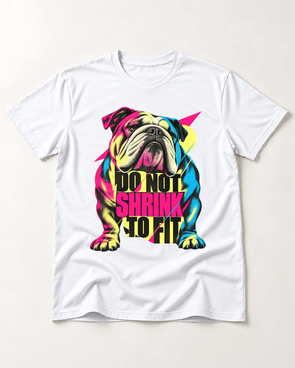 English Bulldog Don't Shrink to Fit T-Shirt in White, flat lay product photo