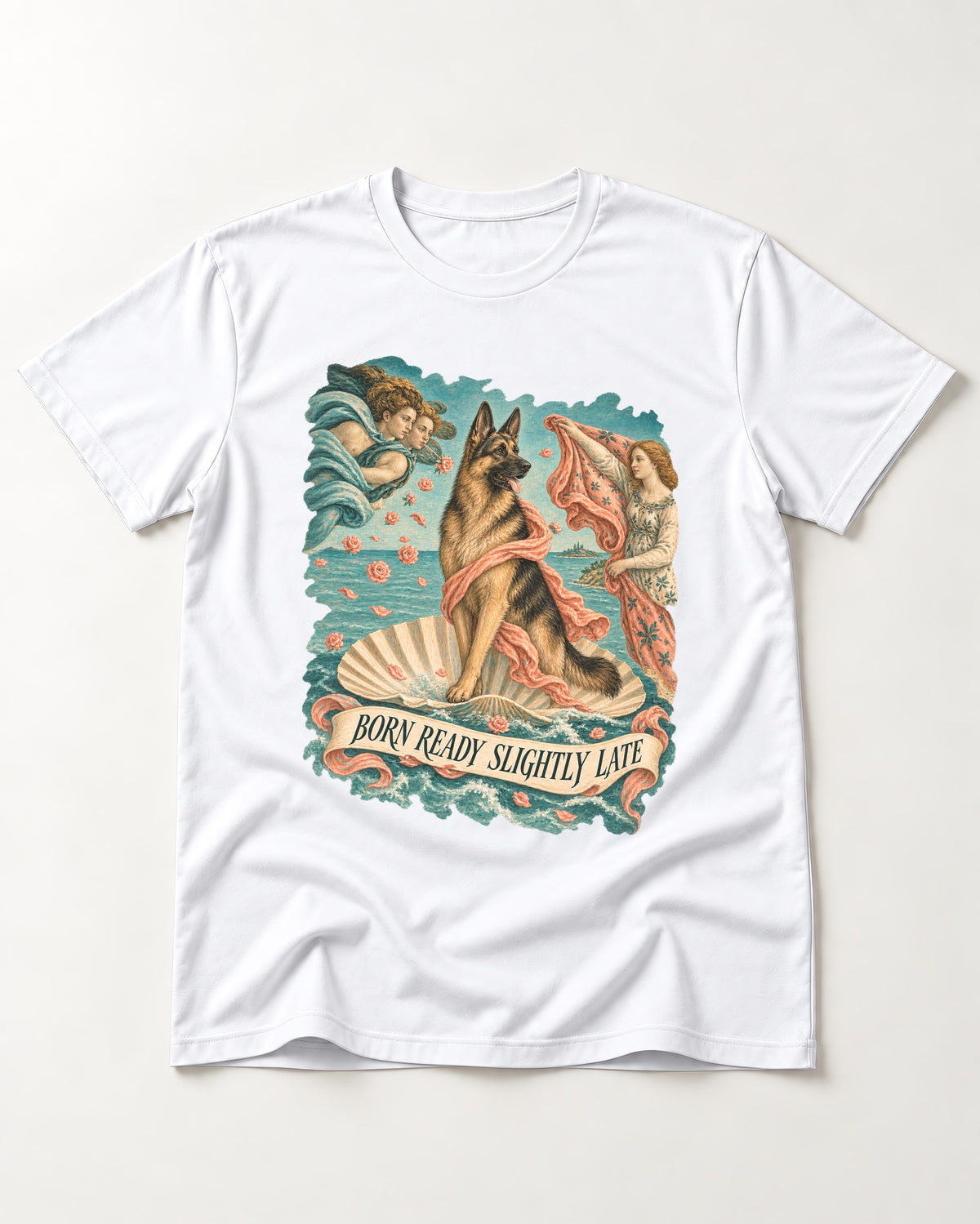 German Shepherd Dog Born Ready Slightly Late Venus Graphic T-Shirt in White, flat lay product photo