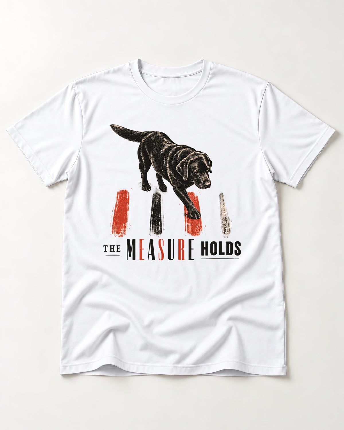 Labrador Retriever The Measure Holds T-Shirt in White, flat lay product photo