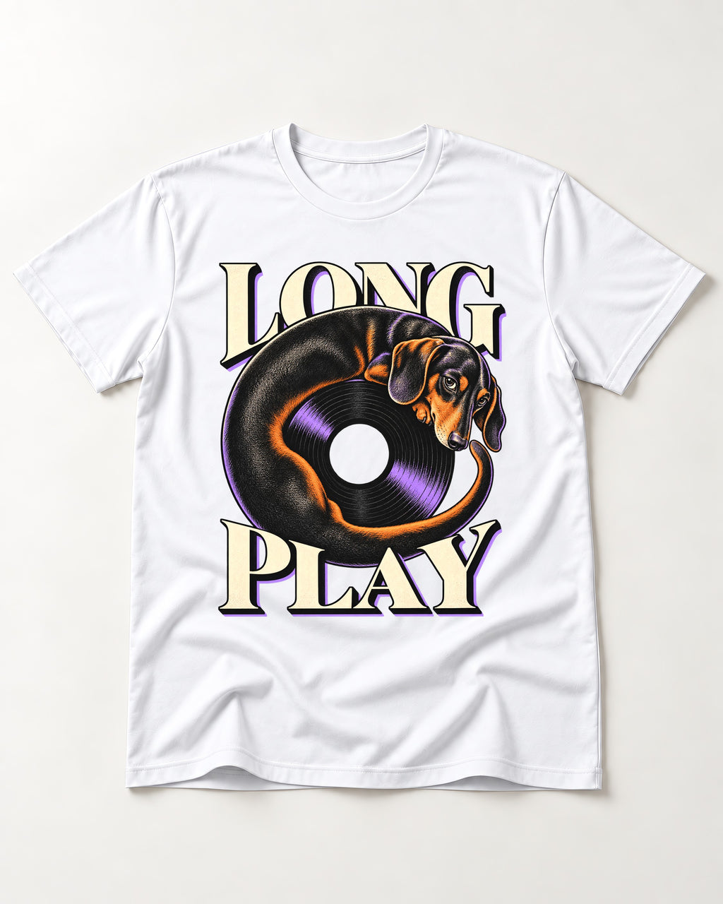 Dachshund Long Play Vinyl Record Graphic T-Shirt in White, flat lay product photo