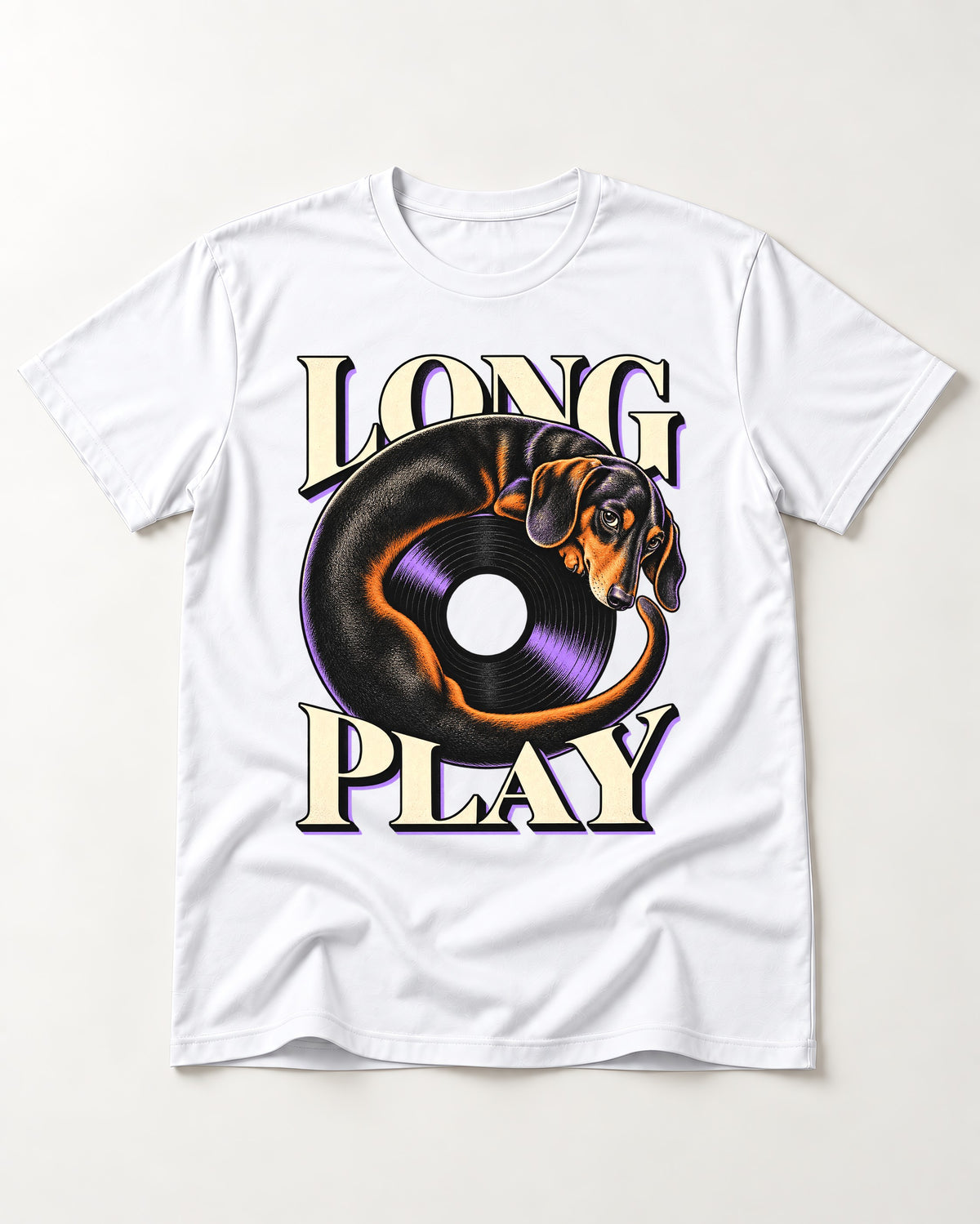 Dachshund Long Play Vinyl Record Graphic T-Shirt in White, flat lay product photo