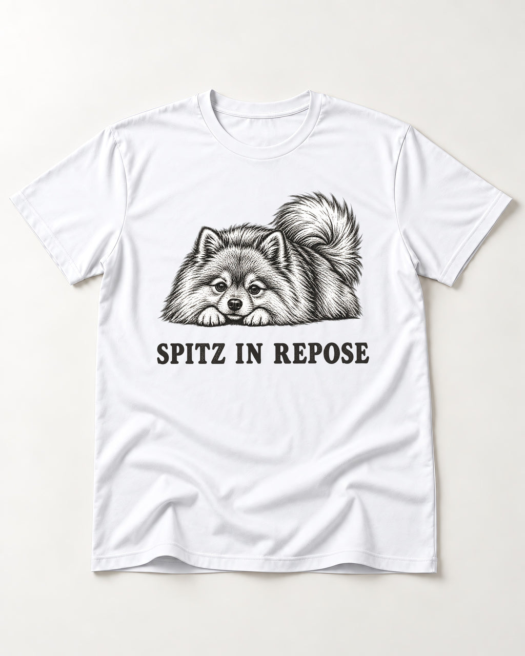 Pomeranian In Repose T-Shirt in White, flat lay product photo