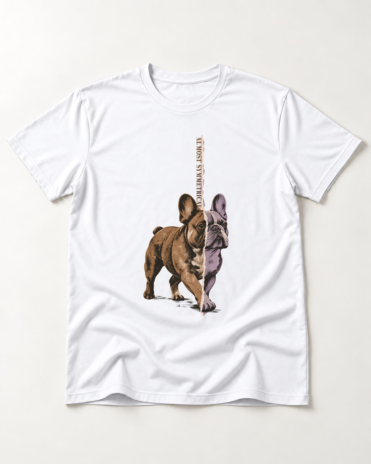 Frenchie Almost Symmetrical Torn Split Graphic T-Shirt in White, flat lay product photo
