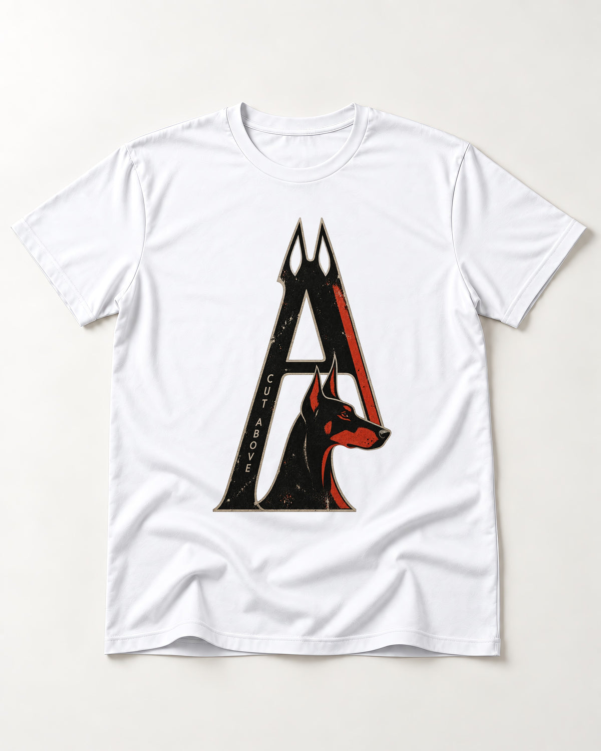 Doberman A Cut Above T-Shirt in White, flat lay product photo