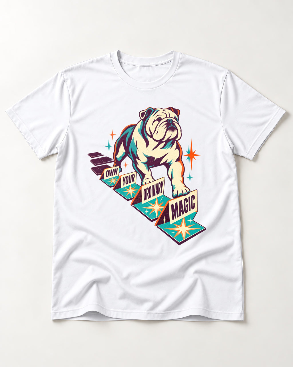 English Bulldog's Ordinary Magic T-Shirt in White, flat lay product photo