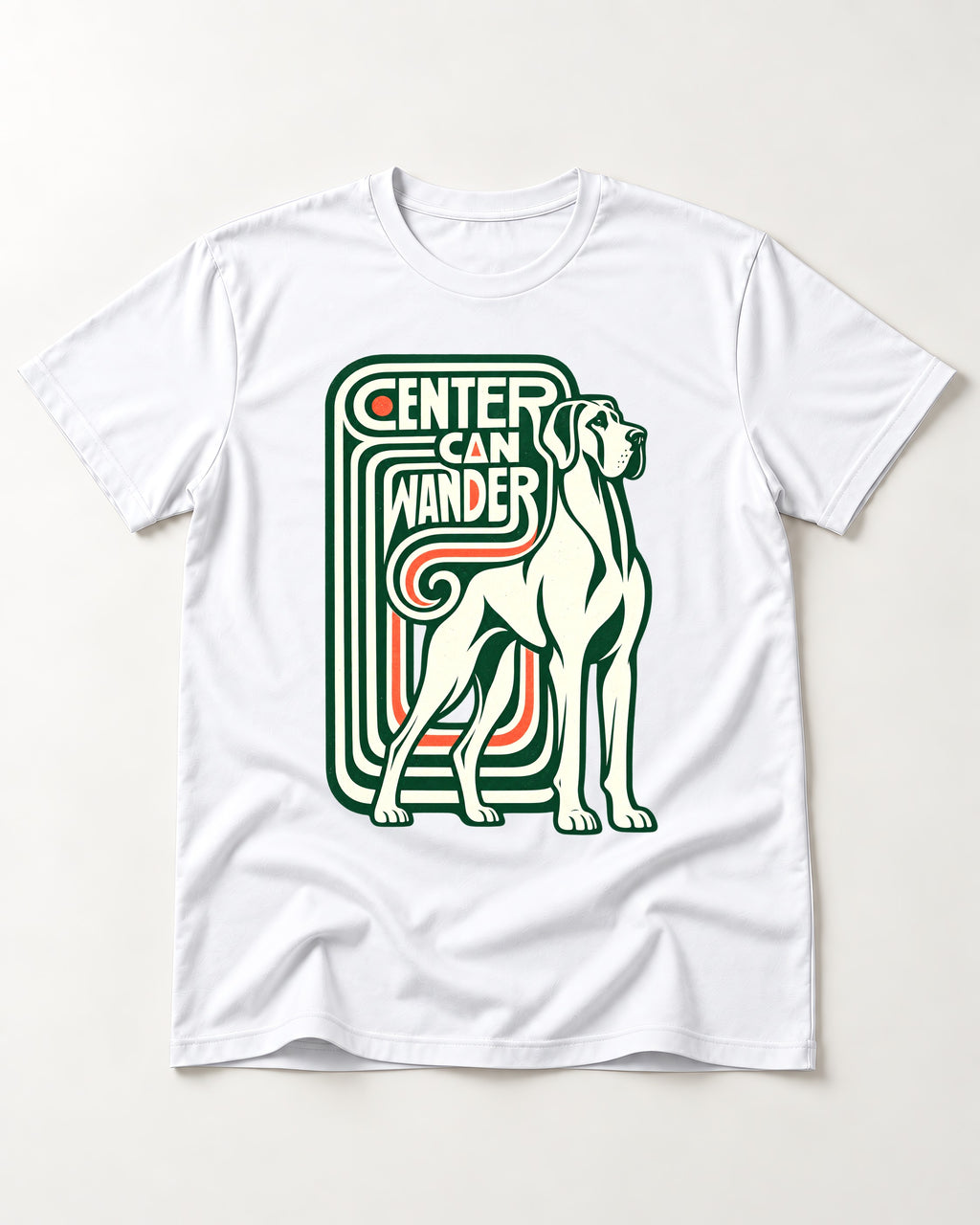 Great Dane Center Can Wander T-Shirt in White, flat lay product photo